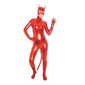 Costumes de Catsuit métallique brillant rouge animal drôle unisexe lycar Spandex Zentai body costumes de scène de club de fête avec oreilles et queue
