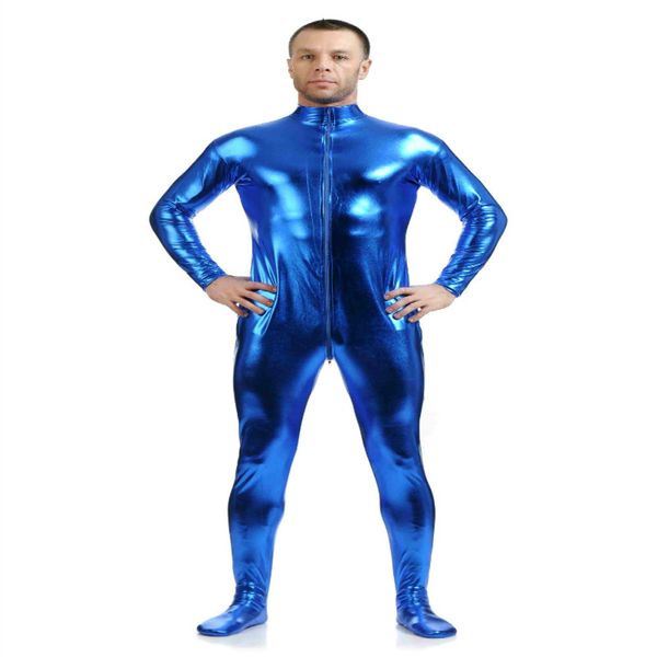 Vestido divertido unisex disfraces met￡licos brillantes Catsuit Black Sumpsuit Lycar Spandex Zentai Bodysuit Party Club Club de escenario Capallero delantero sin capucha y guantes