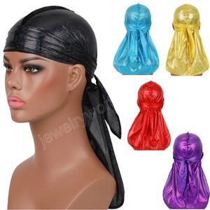 Unisex hiphop durag tulband piraat hoeden glanzende satijnen bedrukte dames mannen dansen lange staartbandanas cap headtie