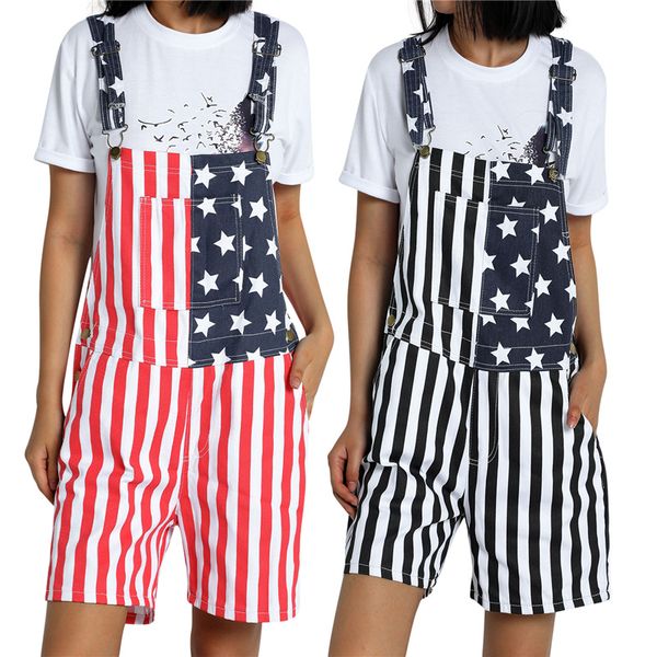 Régère de jour de l'indépendance unisexe, Summer American Flag Print Denim Bib Sautporne Shorts pour hommes Femmes, S-5XL