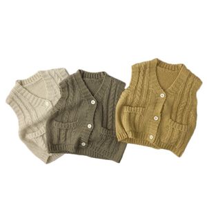 Unisexe Enfants Tricoté Sans Manches Pull À Col En V Cardigan Poches Bébé Garçons Filles Tricot Gilet Solide Couleur Enfants Gilet 210413