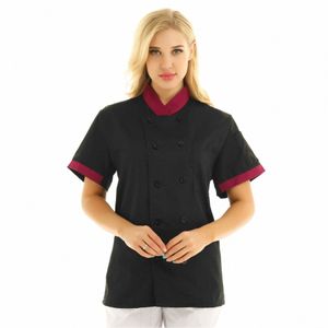 Veste de chef de cuisine unisexe, hommes ou femmes, vêtements de travail de cantine, uniforme d'hôtel, col mandarin, manches courtes, manteau de chef, vêtements de travail S5G6 #