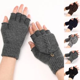 Gants tricotés unisexes, épais, de couleur unie, classiques exposés, doux, en Crochet, mitaines sans doigts, hiver