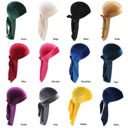 Unisexe hommes femmes respirant Bandana chapeau velours Durag do doo du rag longue queue bandeau chimio casquette couleur unie Headwear2860