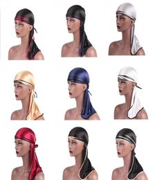 Unisex Hombres Mujeres Satén Transpirable Bandana Sombrero Sedoso Durag do doo du rag cola larga headwrap musulmán turbante banda para el cabello Bandanas6837308