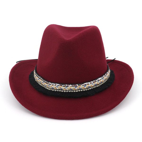 Sombreros Fedora de fieltro de lana para hombre y mujer, sombreros Fedora de Jazz con borlas étnicas, cinta decorativa para amantes de las mujeres, sombrero de vaquero con ala enrollada, Unisex