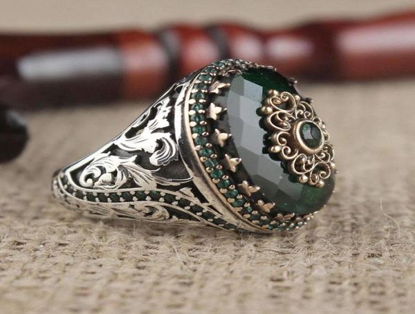 Bague amulette arabe musulmane unisexe, breloque en pierre vert Olive, couleur argent, Punk Hip Hop, bijoux de mariage, 5976015