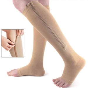 Unisexe Bout Ouvert Genou Longueur Fermeture À Glissière Bas De Compression Femmes Mince Belle Au Bois Dormant Jambe-Support Médical Prévenir Les Varices Y1119