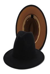 Unisex exterior negro interior caqui fieltro de lana Jazz Fedora sombreros ajustable ala ancha Panamá Trilby Cap a juego señoras Bowler Top Hat4450025