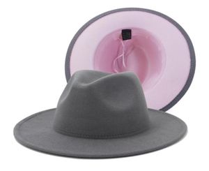 Unisexe extérieur gris intérieur rose patchwork laine en feutre jazz fedora chapeaux avec boucle de ceinture fine hommes femmes largeur panama trilby cap229091832807