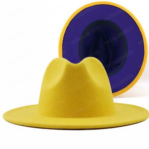 Unisex buitenste geel inner rood patchwork vilt jazz hoed dop mannen platte rand wol blend fedora hoeden panama trilby vintage hoed
