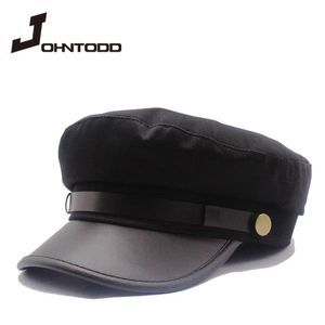 Unisex PU lederen militaire hoed herfst matroos voor dames heren zwart vrouwelijk reizen student kapitein leger platte top 240130