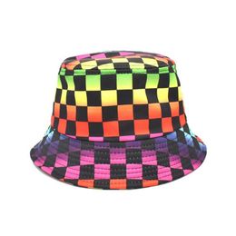 Unisex Punk Harajuku Hip Hop Emmer Hoed TieDye Regenboog Geruite Plaid Print Brede Rand Zonnebrandcrème Panama Visser Cap Hats67290762814