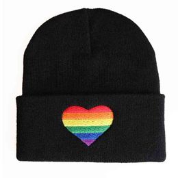 Unisex regenboog hart borduurwerk gebreide hoed winter herfst trots beanie cap y21111