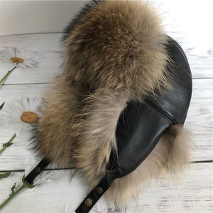 Unisexe réel naturel brun fourrure de raton laveur Chapeau russe Ushanka hiver chaud Aviator Trapper Bomber Ski Earmuffs Cap