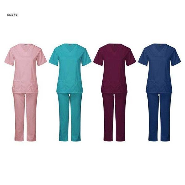 Scrubs unisexe Ensemble d'équipement de protection personnelle infirmière uniforme de couleur solide pour la femme d'affaires Suit Beauty-Salon Workwears
