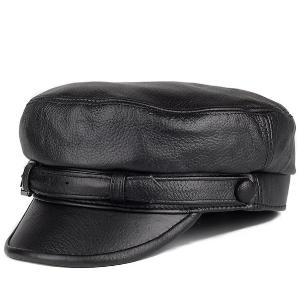 Chapeau plat ajusté en cuir véritable de Style sud-coréen unisexe pour homme femme personnalité Locomotive Punk noir casquettes de Baseball chapeaux à large bord