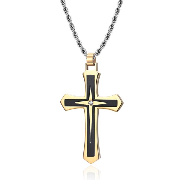 Bijoux unisexe en acier inoxydable 316L pour hommes, collier avec pendentif croix doré, chaîne longue de 46x30mm, couleur contrastée en Zircon (6 pièces/lot)