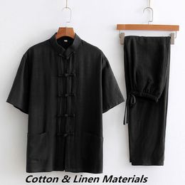 Trajes Tang Unisex, ropa de manga corta de verano de algodón y lino para hombre, chaqueta + Pantalones, botón de estilo chino, arte marcial chino Hanfu