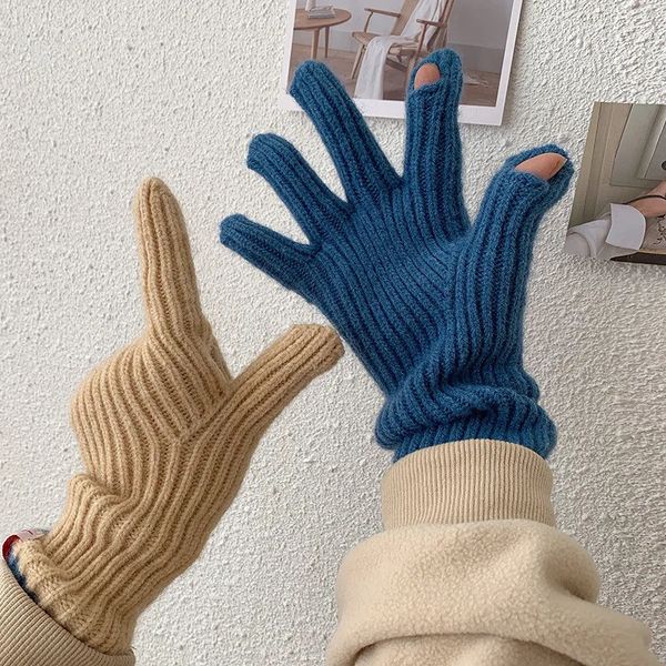 Gants d'hiver en plein air à écran tactile unisexe femmes mignonnes tricot de laine sans doigts épais hommes chauds équitation randonnée gants de doigt complets froids 240127