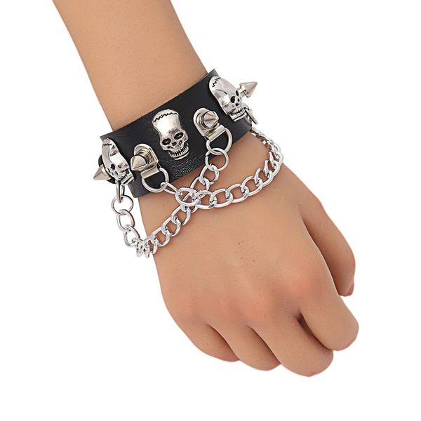 Pulsera de diseñador de moda Unisex para hombre, pulseras con dijes de cuero PU Punk Hip Hop Rock, cadena con remache de calavera, regalo de joyas de fiesta