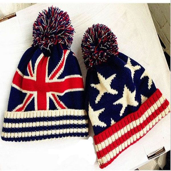 Unisexe Union Jack ou Stars Stripes USA Drapeau Chaud Hiver Bobble Beanie UK Drapeau Crâne Ski Pom Pom Chapeau Cap 10 pcs / lot 302K