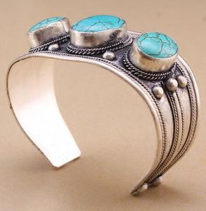 Unisex Vintage ovale turquoise stenen kraal manchet armband Tibet zilver