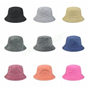 Unisex gewassen denim katoenen emmer hoed vintage vaste kleur platte top kort rand zonnebrandcrème opvouwbare panama visser cap