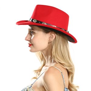 Unisex brede rand zwart rood patchwork wol vilt trilby westelijke cowboy jazz fedora hoeden voor vrouwen mannen duidelijke fascinator party hoeden