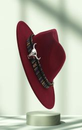 Unisexe Wide Brim Cowboy Fedora Hat Bull Bull Head Decoration Men Femmes Wool Felt Trilby Gambler Chapeaux Jazz Panama Caps2586368