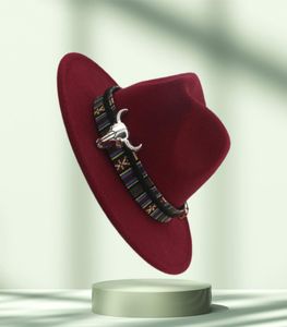 Unisex brede runder cowboy fedora hoed bull head decoratie mannen vrouwen wol vilt trilby gokker hoeden jazz panama caps7669805
