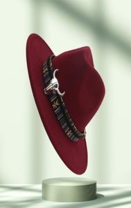 Unisex brede riem cowboy fedora hoed bull head decoratie mannen vrouwen wol vilt trilby gokker hoeden jazz panama caps2586368
