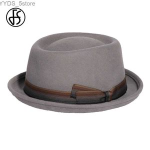 Unisexe Wide Brim Hats Beaut fs rouleau Pork Pie Mens Grey Jazz Jazz Gentlemens Fleece Fedoras Church Panama Gorras Para Hombres YQ240407 AD