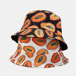 Unisex brede rand tropisch fruit papaja patroon emmer hoeden mannen dubbele zijbassin caps mannelijke hoed panama hkd230810 verstelbare papa zon hoed