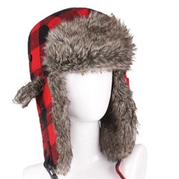 Chapeau de trappeur d'hiver unisexe treillis à carreaux imprimé peluche doublé Ushanka oreillette casquette hommes femmes chapeaux chaud