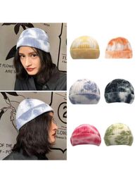 Unisex Winter Warme geribbelde gebreide beanie Cap Gradiënt Tie-Dye Harajuku Hip Hop Skiën Korte Meloen Cuffed Skull Hat