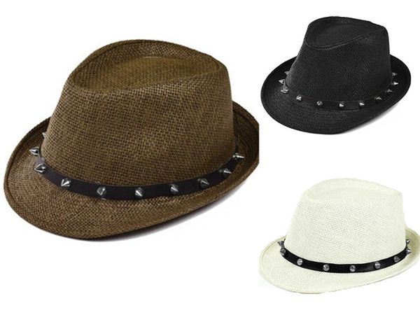 Unisex Mujeres Hombres Casual Sombrero de paja de Sun de moda Verano Sun Sombrero de playa Remache Jazz Cap Cowboy Fedora Trilby Gangster 3 colores 6 Unids / lote