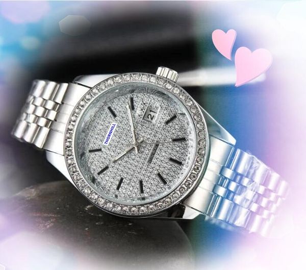 Unisexe Womens Mens Day Date Date Quartz Watches en acier inoxydable Trois Stiches Bracelet Diamants Diamants Ring Shiny Starry Temps Horloge Hour montre First Star Choice Cadeaux