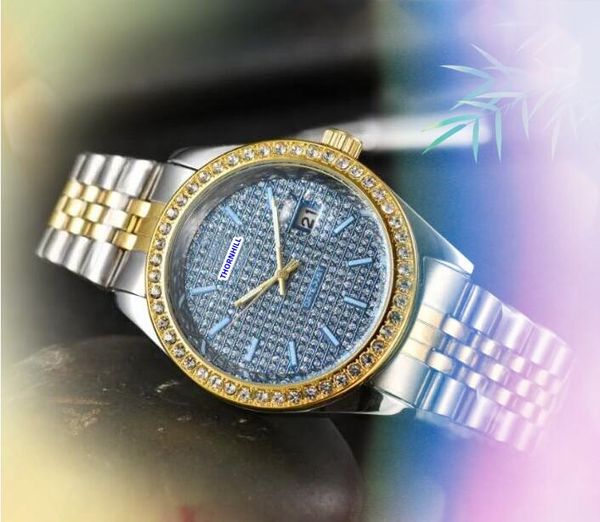 Unisexe Womens Mens Day Date Quartz Montres en acier inoxydable en acier inoxydable trois étages Bracelet Diamonds Anneau d'usine horloge horloge horloge Calendrier Calendrier First Star Choice Cadeaux