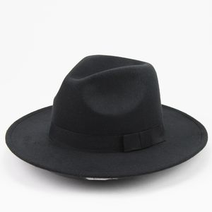 Unisex Wol Felt Hoed met Lint Trim Stijlvolle Jazz Mutsen Fedora Wide Brim Caps Classic Solid Trilby Cap voor mannen en vrouwen