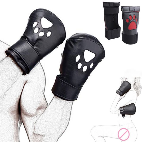 Guante unisex para cachorros, guante para perros con estampado de pata, puño acolchado, juego para adultos, Bondage BDSM, fetiche de cuero, juego de rol para mascotas, juguete sexy