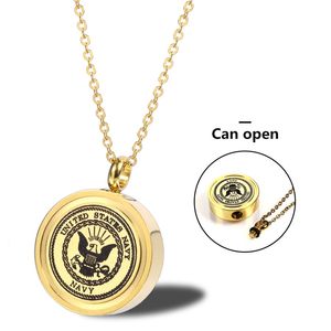 Verenigde Staten Gold US Marine Corps Navy Ronde vorm Crematie Pendant roestvrij staal USN Militaire opening van Cremains ketting voor herdenkingsverwanten en huisdieren