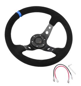 Universal 14 pulgadas Racing Steering Deep Corn Drifting Suede Leather 350mm Rueda de coche con bocina 6Bolts3227518