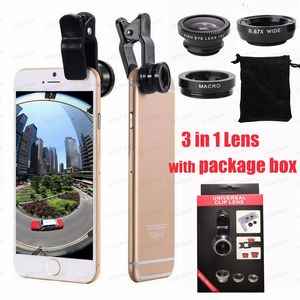 Universal 3 in 1 Wide Hoek Macro Fisheye Lens Camera Mobiele telefoon Lenzen Fish Eye Lentes voor iPhone 6 7 Smartphonemicroscoop met retailpakketbox