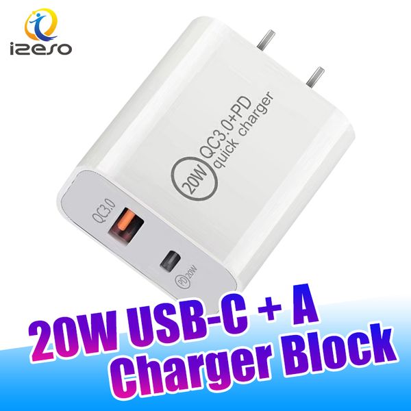 USB C Charger mural 20W Dual Port Type C + USB A PD QC3.0 Bloc de charge rapide pour iPhone 15 14 13 12 11 Samsung Android Phones Izeso