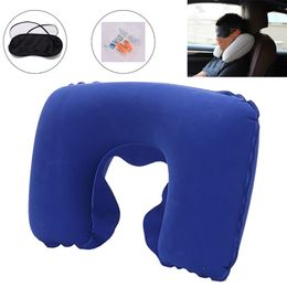 3 en 1 Accesorios para automóvil Almohada inflable para el cuello Almohadas de descanso suaves Almohada portátil en forma de U + Parasol + Tapones para los oídos para viajes Oficina Hogar