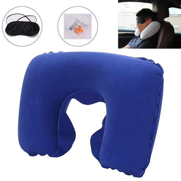 3 en 1 accessoires de voiture automatique oreiller gonflable pour le cou oreillers de repos doux oreiller portable en forme de U + visière + bouchons d'oreilles pour voyage bureau maison