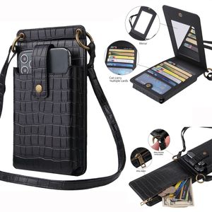 Universal Crocodile Credit Card Money Pocket Change Wallet Cases Zipper Sac à main Pouch Ladies Cosmetic Mirrorﾠ Crossbody Vertical For iPhone Samsung Huawei MOTO LG