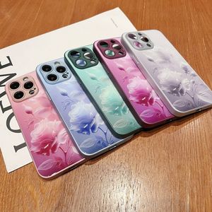 mode roos bloem gehard glas olie vloeibare siliconen hoesjes voor iphone 15 14 pro max plus 13 12 11 iphone15 luxe stijlvolle bloemen fijn gat mobiele telefoon achterkant huid