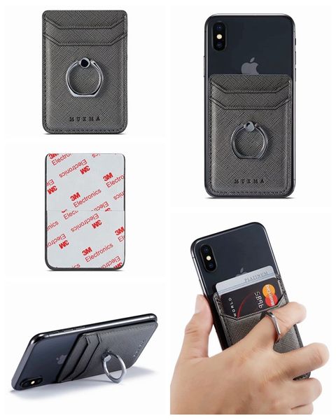 Support de bague de doigt en métal universel Retour fente pour carte de téléphone 3M autocollant en cuir pour iPhone XS XR Note10 Stick sur Cash ID titulaire de la carte de crédit cas